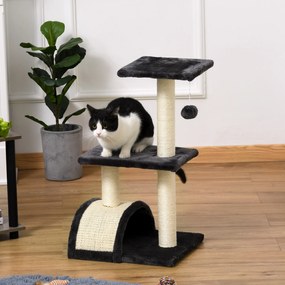 Arranhador para Gatos Médio de 3 Níveis  com Postes de Sisal Placa para Arranhar e Bola Suspensa 40x35x72 cm Cinzento Escuro