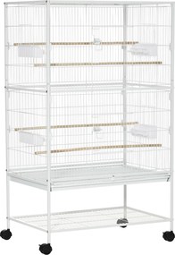PawHut Gaiola para Pássaros com Rodas Bandeja Amovível 4 Portas Comedouros e Prateleira de Armazenamento 78x52x132cm Branco | Aosom Portugal