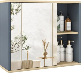 Armário de parede para medicamentos 60 x 20 x 50 cm com espelho de casa de banho de parede e compartimentos laterais Cinza