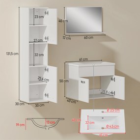 Conjunto de móveis de casa de banho de 4 peças, de parede, com espelho, móvel de lavatório, lavatório e armário alto, branco