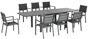 Outsunny Conjunto Móveis de Jardim 9 Peças Conjunto de Refeição para Varanda com Mesa Extensível 8 Cadeiras Empilháveis Estrutura de Alumínio e Assento de Textilene 135-270x89x74cm Cinza