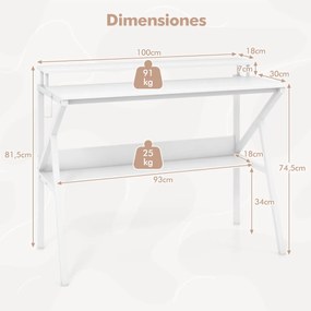 Secretária pequena com suporte para monitor, gancho suspenso e prateleira adicional 100 x 48 x 81,5 cm Branca