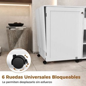 Armário de costura Mesa de costura dobrável com prateleiras, tabuleiros, ganchos, secretária para máquina de costura com 6 rodas bloqueáveis Branco