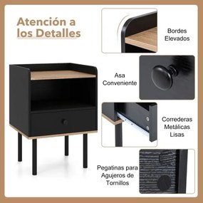 Conjunto de 2 mesas de cabeceira 40,5 x 35 x 56 cm com gaveta e prateleira aberta, pernas de metal, mesa auxiliar compacta para sala ou quarto, preta