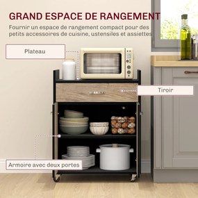 Carrinho de serviço de cozinha com rodas 60 L x 40 P x 77 A cm, gaveta, armário de duas portas e prateleira em madeira cinzenta com efeito de madeira,