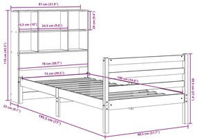 Cama com estante sem colchão 75x190 cm pinho maciço branco