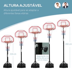 Cesto de Basquetebol para Exterior com Altura Ajustável 258x314 cm com Rodas Base Recaregável Preto e Vermelho