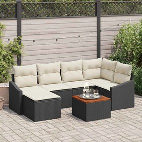 vidaXL Conjunto de Sofá de Jardim com Almofadas, 7 Peças, Rattan, Poliéster, Preto, Acácia