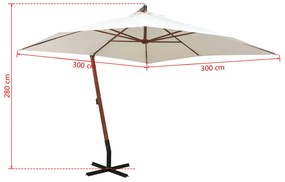 Guarda-sol suspenso com mastro de madeira 300x300 cm branco