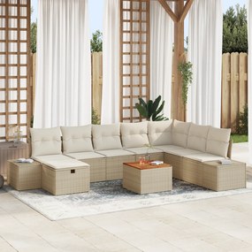 Conjunto de Sofá de Jardim de 9 Peças com Almofadas Bege Vime Sintétic
