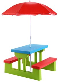 Conjunto de mesa e banco infantil para exterior com guarda-sol para crianças Mobiliário de piquenique para crianças 67 x 41 x 47 cm Multicolor