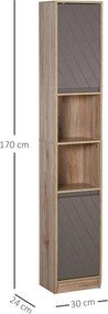 Armário Alto para Banheiro com 2 Portas e 2 Prateleiras Abertas Móveis Auxiliares para Sala de Estar Corredor 30x24x170 cm Carvalho e Cinza