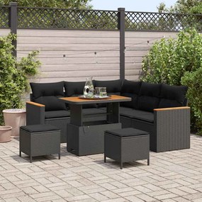 Conjunto de Sofá de Jardim de 8 Peças com Almofadas Preto Vime Poliéster Acácia