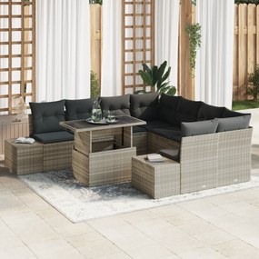 Conjunto de Sofás de Jardim com 9 Peças e Almofadas Cinza Claro em Rat
