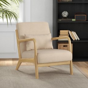 Poltrona Sala de Estar Nórdica Acolchoada com Apoio para os Braços e Estrutura de Madeira de Borracha 61x78x76 cm Bege