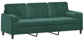 Sofá 3 lug. c/ almofadas decorativas 180 cm veludo verde-escuro
