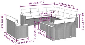12 pcs conjunto de sofás de jardim c/ almofadões vime PE preto