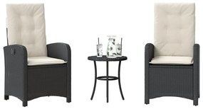 vidaXL 3 pcs conjunto de bistrô com almofadões vime PE preto
