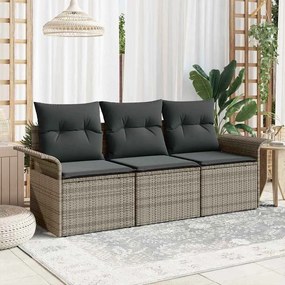 Conjunto de Sofá de Jardim de 3 Peças com Almofadas Cinza Rattan Polimérico