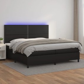 Cama box spring c/ colchão/LED 200x200cm couro artificial preto