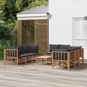 vidaXL 9pcs conj. lounge de jardim bambu c/ almofadões cinzento-escuro