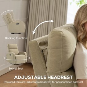 Poltrona Relax Reclinável Elétrica com Duplo Motor Giratória e Baloiço com Encosto de Cabeça Ajustável Portos USB e USB-C Bege