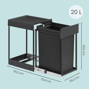 Caixote do lixo de cozinha, para armário inferior, 1 x 20 L 34,7 x 25,7 x 43,4 cm (C x L x A) Preto