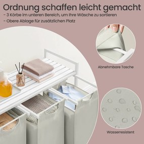 Cesto para roupa suja com 3 compartimentos e prateleira de 114 L, 92,5 x 33 x 72 cm branco
