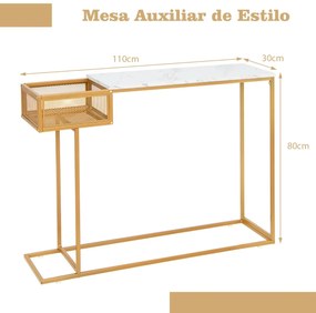 Mesa de consola de mármore falso com estrutura de metal retangular com cesta de arame para sala de estar 110 x 30 x 80 cm dourada