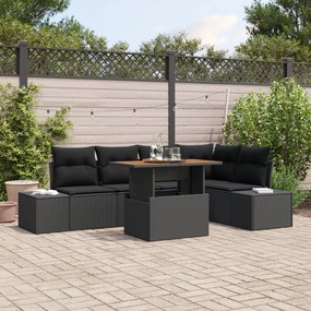 Conjunto de Sofá de Jardim com 6 Peças e Almofadas em Vime Preto