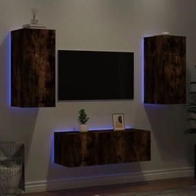 4pcs móveis parede p/ TV c/ LEDs deriv. madeira carvalho fumado