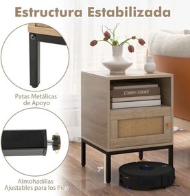 Mesa de cabeceira de estilo boémio com estante aberta e porta Decoração em rattan para sala de estar Quarto Natural