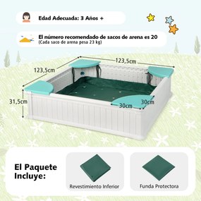 Caixa de areia com cobertura impermeável em HDPE com 4 assentos nos cantos, revestimento inferior e cobertura protetora, branca