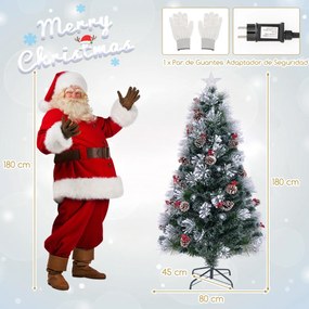 Árvore de Natal Flocada Artificial de 180 cm com 220 ramos Agulhas de pinheiro 24 Aglomerados de bagas vermelhas 24 Pinhas Fibras ópticas 63 luzes LED