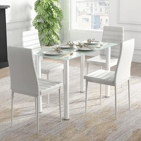 Conjunto de mesa de jantar com 4 cadeiras, tampo em vidro temperado, pés em aço, para cozinha e sala de estar, branco