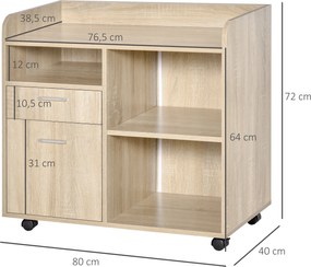 Armário organizador de secretária com rodas 80 x 40 x 72 cm, em madeira de carvalho claro