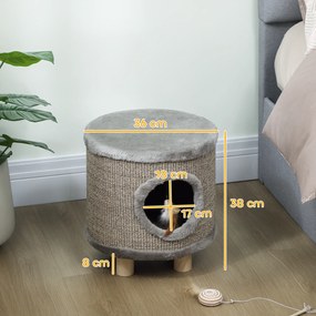 Casa para Gatos 3 em 1 Banco Apoio para os Pés e Cama com Arranhador e Brinquedo Pendurado 36x36x38 cm Cinzento