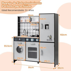 Cozinha de brincar em madeira 91 x 30 x 102 cm com máquina de gelo, fogão, máquina de lavar, forno, micro-ondas, sons e luzes reais para crianças com