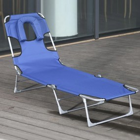 Outsunny Espreguiçadeira de jardim reclinável e dobrável com orifício de leitura, apoio de cabeça e encosto ajustável em 5 níveis para praia 182x56x24,5 cm azul