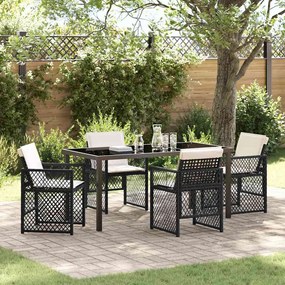 vidaXL Conjunto de Jantar para Jardim com Almofadas Pretas em Rattan e Poliéster