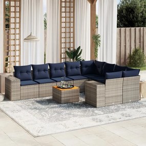 vidaXL 10 pcs conjunto sofás p/ jardim c/ almofadões vime PE cinzento