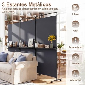 Biombo Divisório Dobrável de 3 Painéis, 259 x 44 x 188 cm, 8 Rodas Bloqueáveis, Cinzento