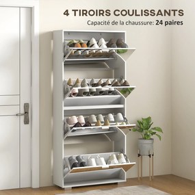 Sapateira 2 em 1 com frentes espelhadas 76 x 26 x 168  cm, 4 portas basculantes, prateleiras ajustáveis, capacidade para até 24 pares, branco