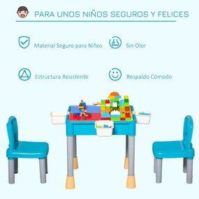 HOMCOM Conjunto de mesa e 2 cadeiras para crianças com 135 blocos de construção Mesa em ambos os lados Útil para desenhar e jantar com grande armazenamento 69x69x47 cm Multicolor