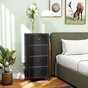 Cómoda para Dormitório Cómoda de Tecido com 4 Gavetas Dobráveis com Frentes de Couro PU 46x30x98 cm Preto