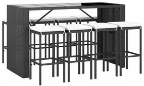9 pcs conjunto de bar para jardim c/ almofadões vime PE preto