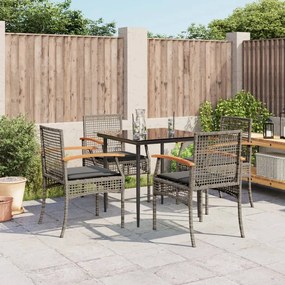 5 pcs conjunto de jantar p/ jardim c/ almofadões vime PE cinza