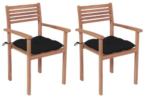 Cadeiras de jardim c/ almofadões pretos 2 pcs teca maciça