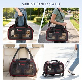 Transportadora para Animais de Estimação com Rodas, 47 x 31,5 x 37 cm, Pega Telescópica Ajustável, Vermelho