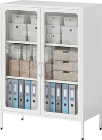 Armário de escritório 80 x 40 x 110 cm com 2 portas de vidro, 2 prateleiras ajustáveis, móvel de arrumação para escritório em aço, branco